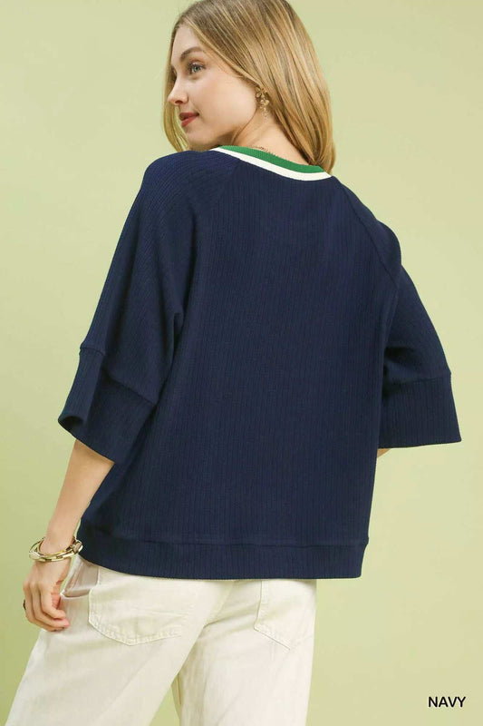 Umgee Ribbed Knit Top with Contrast Trim - Trendsi - Flyclothing LLC