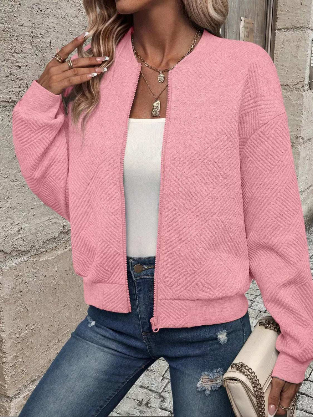 Texture Zip-Up Bomber Jacket - Trendsi - Flyclothing LLC