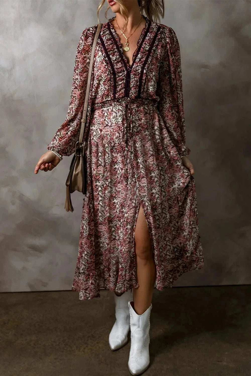Frill Printed V-Neck Long Sleeve Midi Dress - Trendsi - Flyclothing LLC