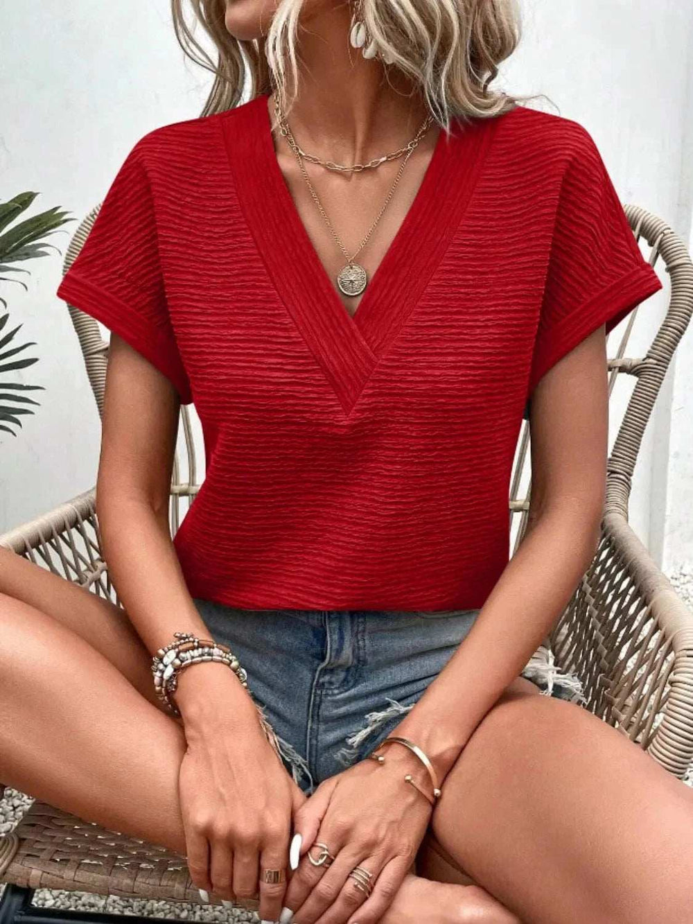 Textured Solid Color Short Sleeve Top - Trendsi - Flyclothing LLC