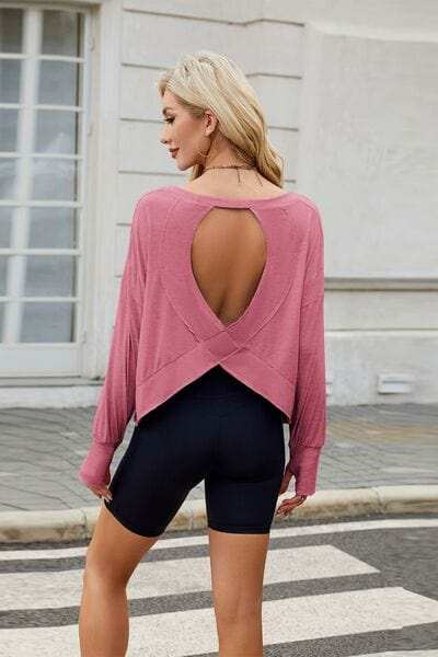 Cutout Back Round Neck Long Sleeve T-Shirt - Trendsi - Flyclothing LLC