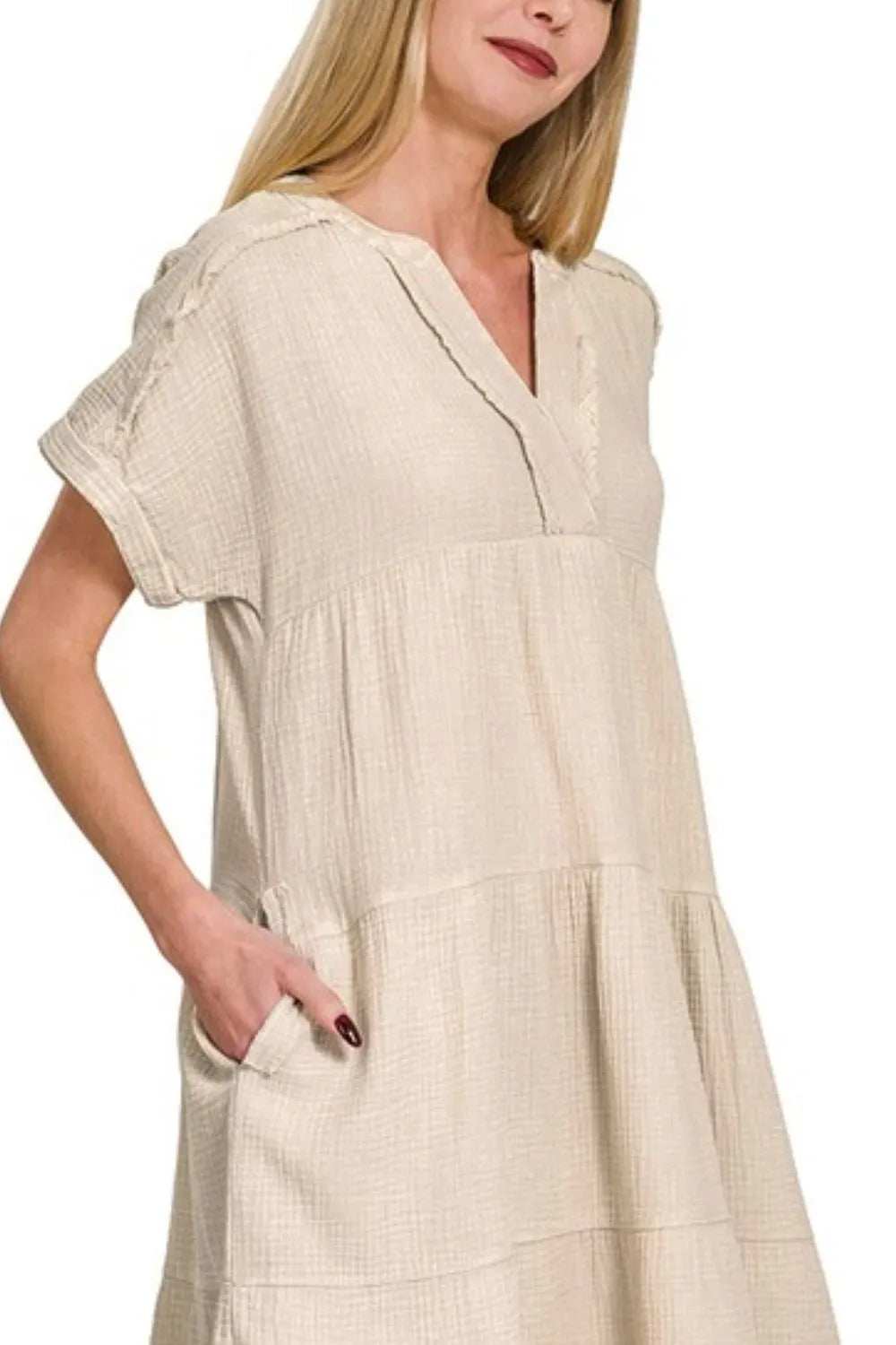 Zenana Washed Double Gauze Raw Edge V-neck Dress - Trendsi - Flyclothing LLC