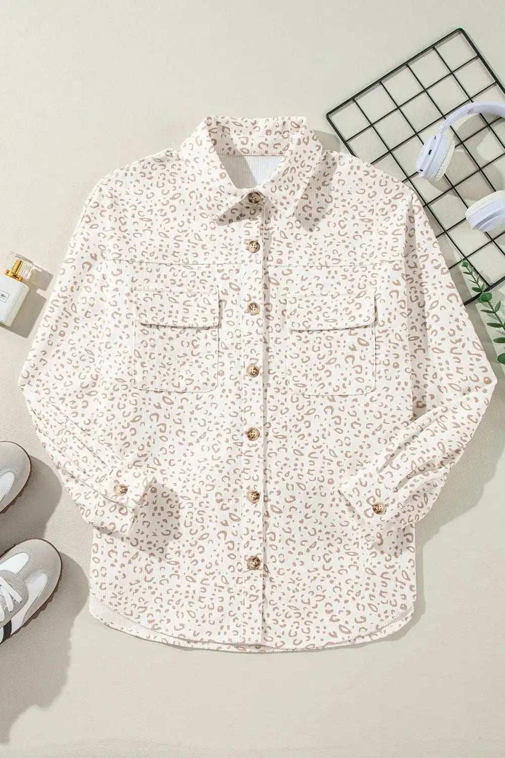 Leopard Collared Neck Dropped Shoulder Jacket - Trendsi - Flyclothing LLC