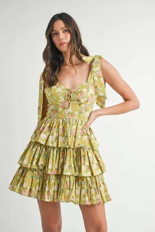 MABLE Floral Print Shoulder Tie Layered Mini Dress - Trendsi - Flyclothing LLC