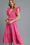 Umgee V-Neck Ruffled Cap Sleeve Midi Dress - Trendsi - Flyclothing LLC