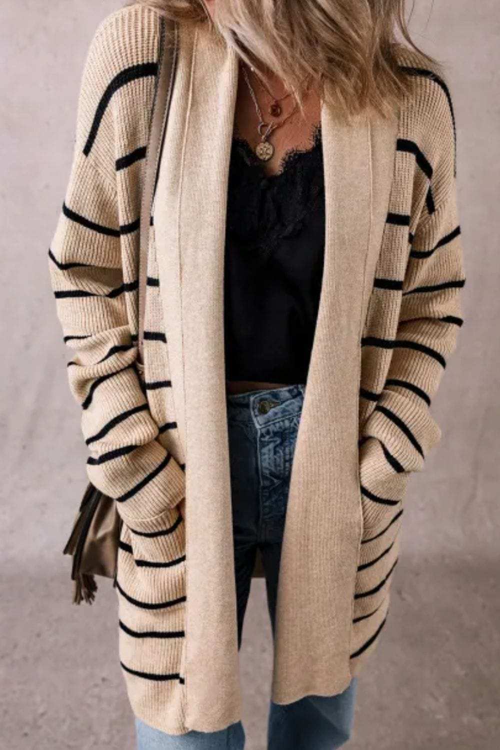 Striped Open Front Long Sleeve Cardigan - Trendsi - Flyclothing LLC
