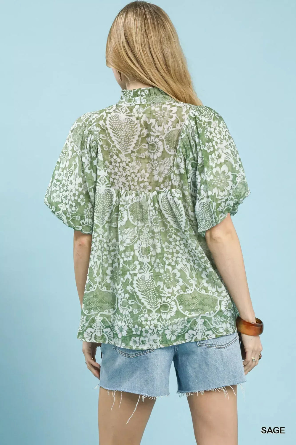Umgee Abstract Print Ruffled Puff Sleeve Top - Trendsi - Flyclothing LLC