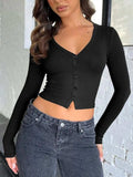 Buttoned V-Neck Long Sleeve T-Shirt - Trendsi - Flyclothing LLC