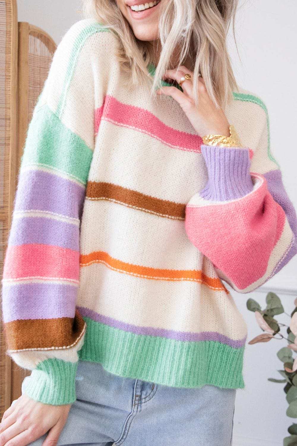 Contrast Striped Round Neck Drop Shoulder Sweater - Trendsi - Flyclothing LLC