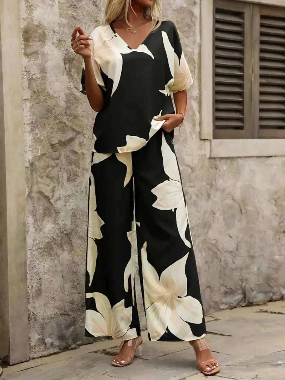 Printed V-Neck Top and Wide Leg Pants Set - Trendsi - Flyclothing LLC