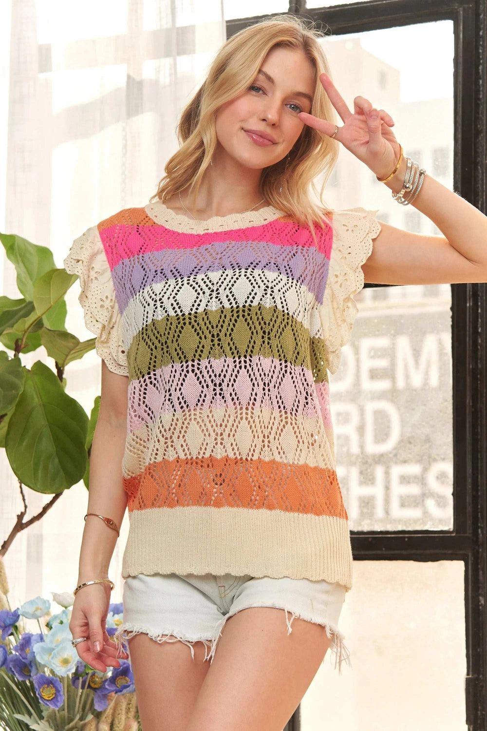 ADORA Eyelet Sleeve Multi Color Crochet Top - Trendsi - Flyclothing LLC