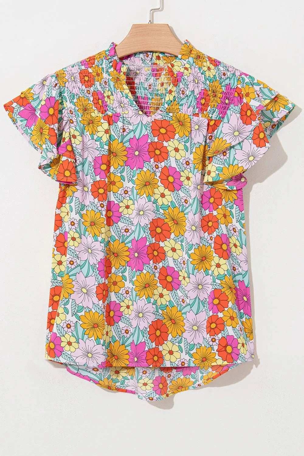 Floral Print Shirred Tiered Ruffled Sleeve Blouse - Trendsi - Flyclothing LLC