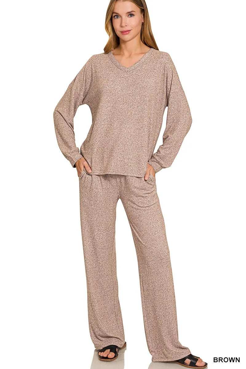 Zenana Soft Melange Long Sleeve Tee & Pants Set - Trendsi - Flyclothing LLC