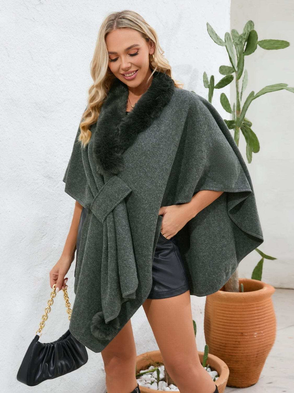 Fuzzy Trim Open Front Poncho - Trendsi - Flyclothing LLC