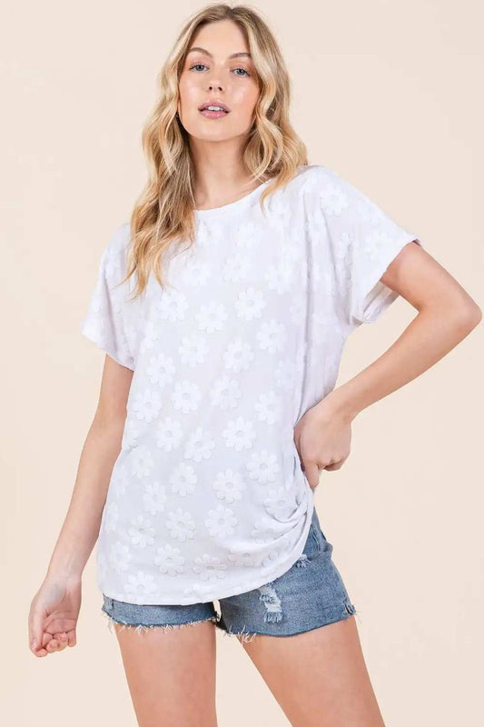 BOMBOM Floral Textured Short Sleeve T-Shirt - Trendsi - Flyclothing LLC