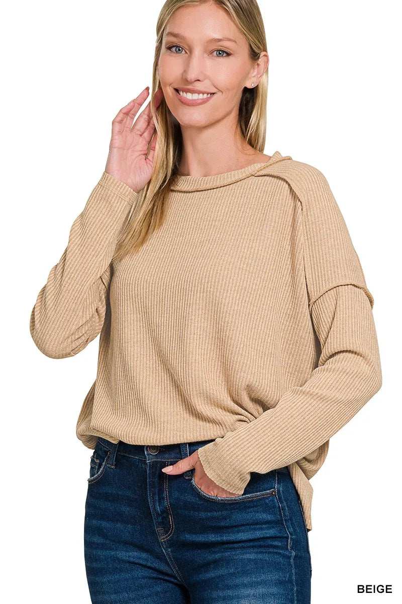Zenana Ribbed Drop Shoulder Round Neck Sweater - Trendsi - Flyclothing LLC