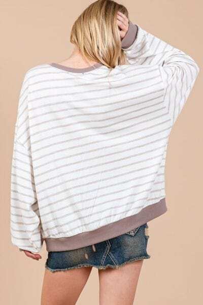 Ces Femme Striped Round Neck Drop Shoulder Sweatshirt - Trendsi - Flyclothing LLC