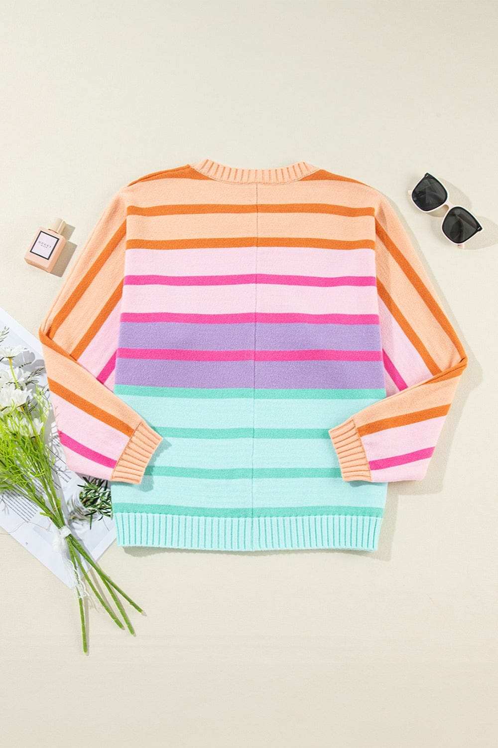 Contrast Striped Round Neck Long Sleeve Knit Top - Trendsi - Flyclothing LLC
