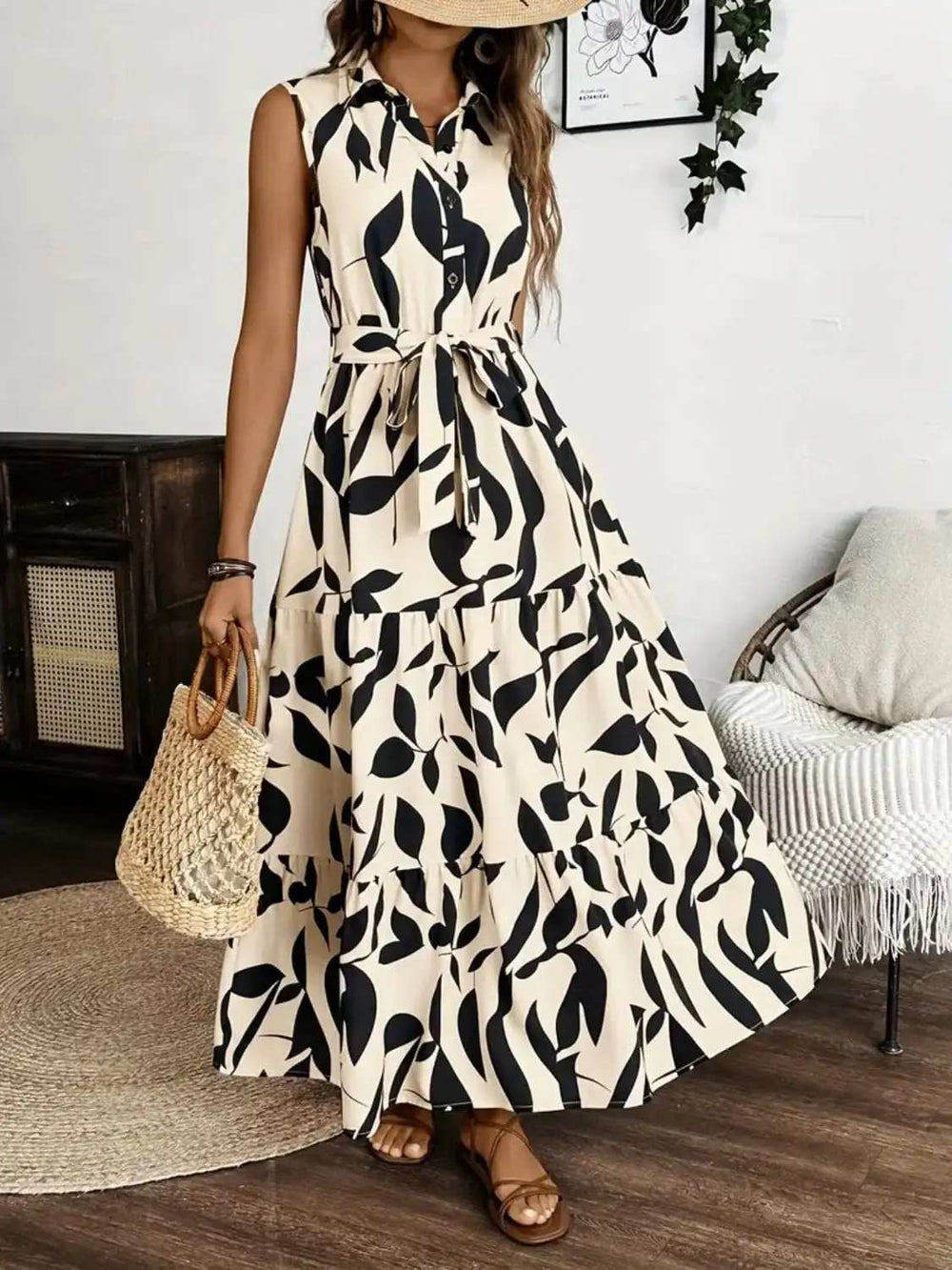 Printed Tie Waist Sleeveless Maxi Dress - Trendsi - Flyclothing LLC