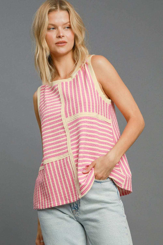Umgee Round Neck Texture Striped Tank - Trendsi - Flyclothing LLC
