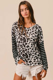 BiBi Leopard Hacci Knit Twist Back Top With Stripe Sleeve - Trendsi - Flyclothing LLC