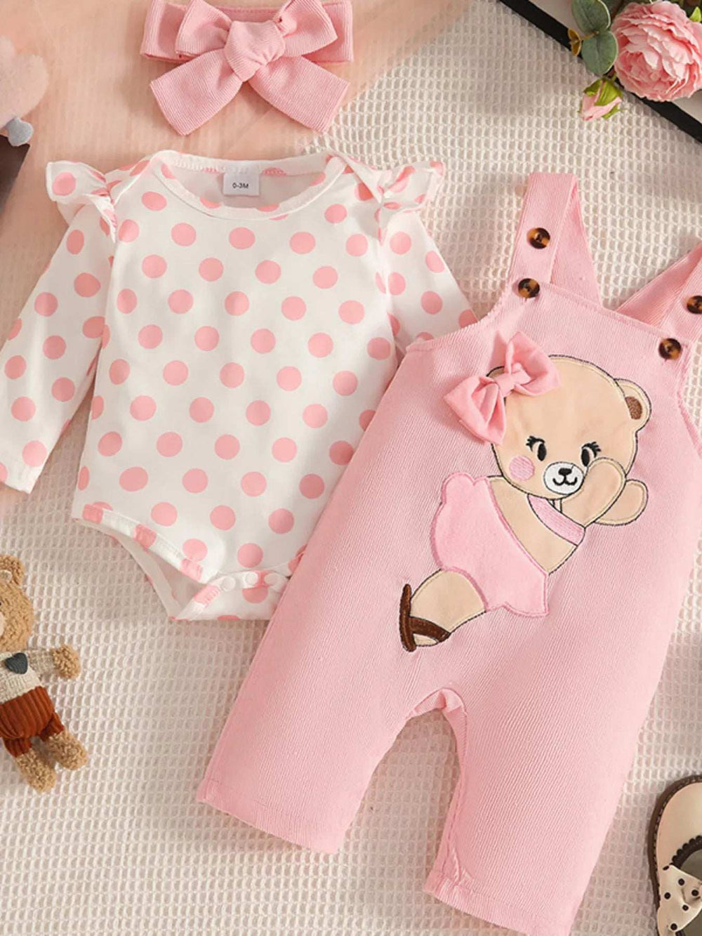 Children's Polka Dot Top and Overalls Set with Headband - Trendsi - Flyclothing LLC
