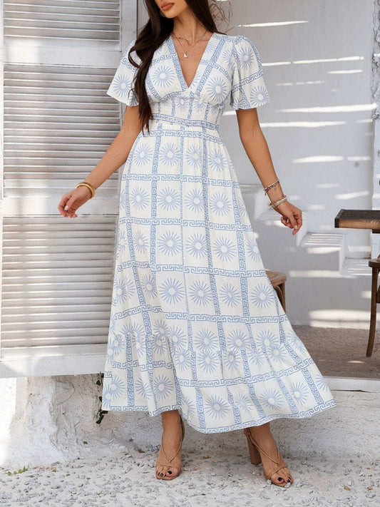 Devine Smocked Printed V-Neck Short Sleeve Maxi Dress - Trendsi - Flyclothing LLC