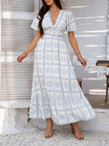 Devine Smocked Printed V-Neck Short Sleeve Maxi Dress - Trendsi - Flyclothing LLC