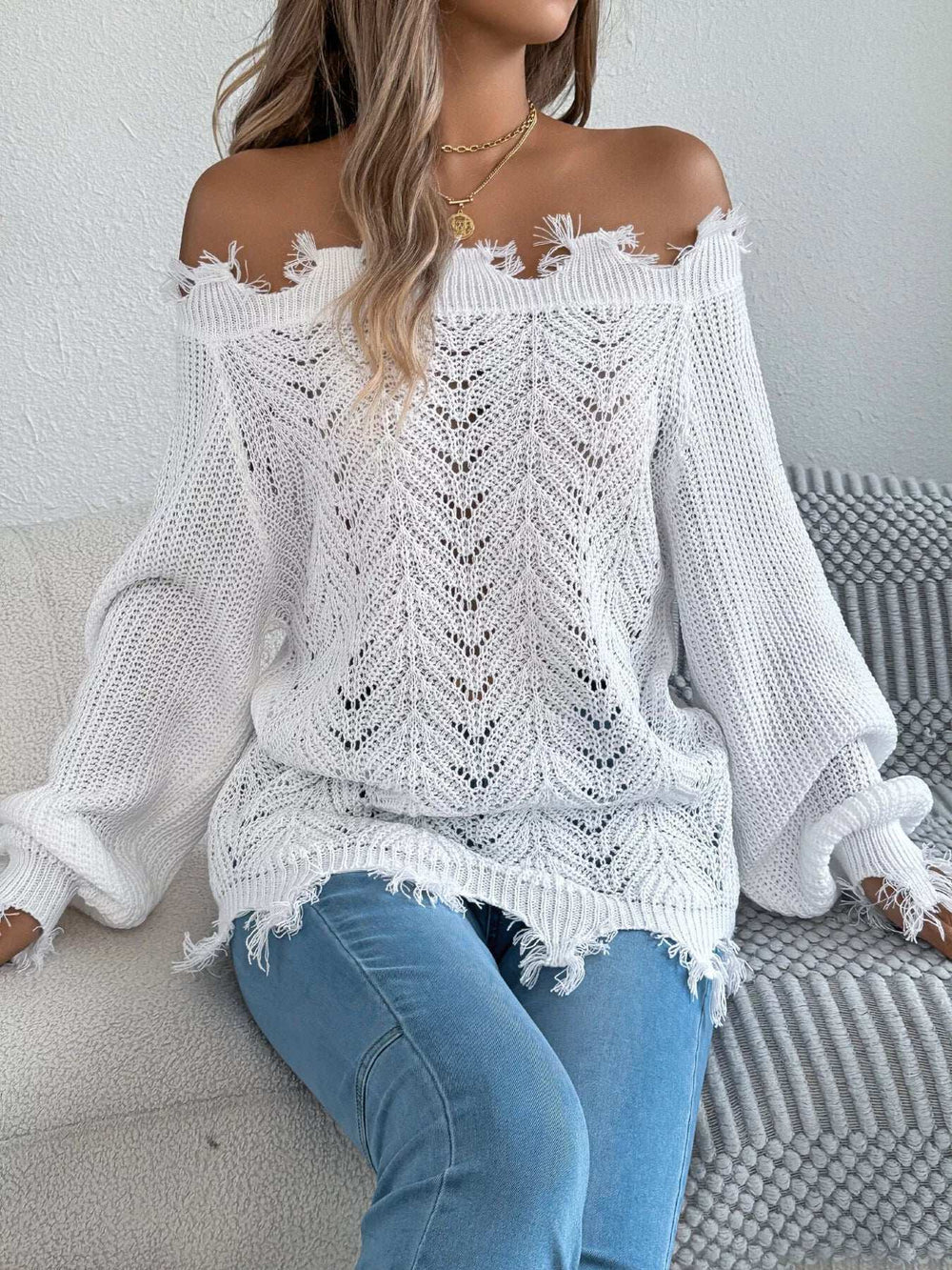 Distressed Hem Openwork Off-Shoulder Sweater - Trendsi - Flyclothing LLC
