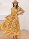 Plus Size Printed V-Neck Flutter Sleeve Tie Waist Maxi Dress - Trendsi - Flyclothing LLC