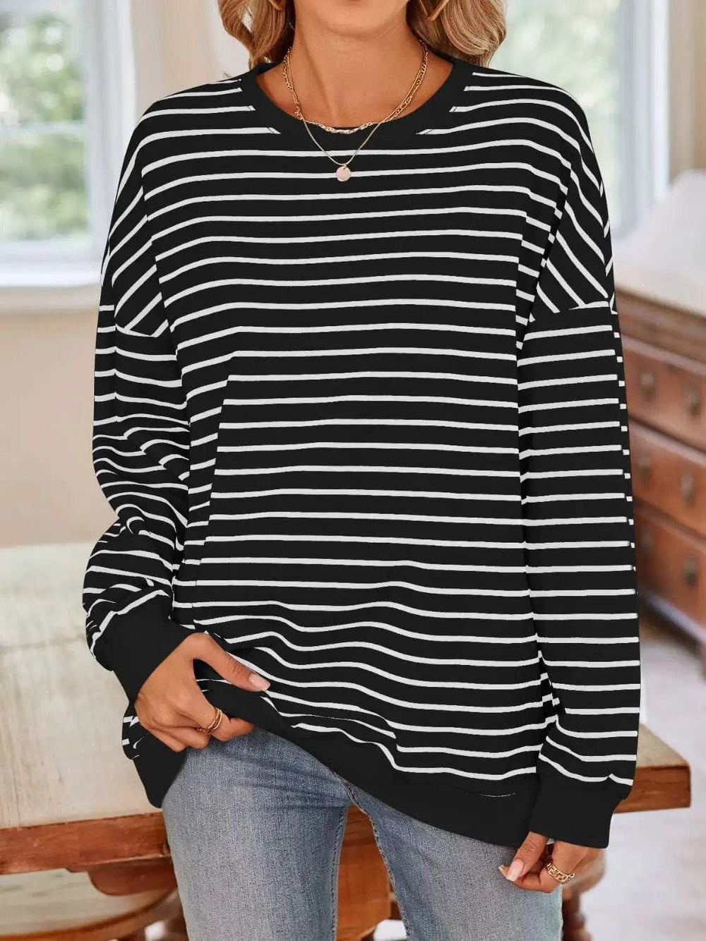 Striped Round Neck Long Sleeve Sweatshirt - Trendsi - Flyclothing LLC