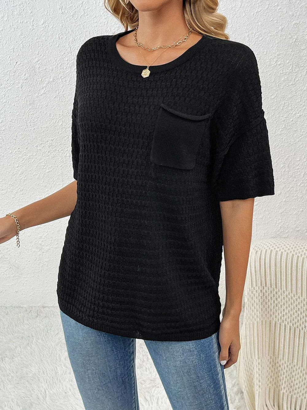 Round Neck Half Sleeve Knit Top - Trendsi - Flyclothing LLC