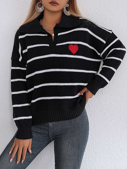 Striped Johnny Collar Long Sleeve Sweater - Trendsi - Flyclothing LLC