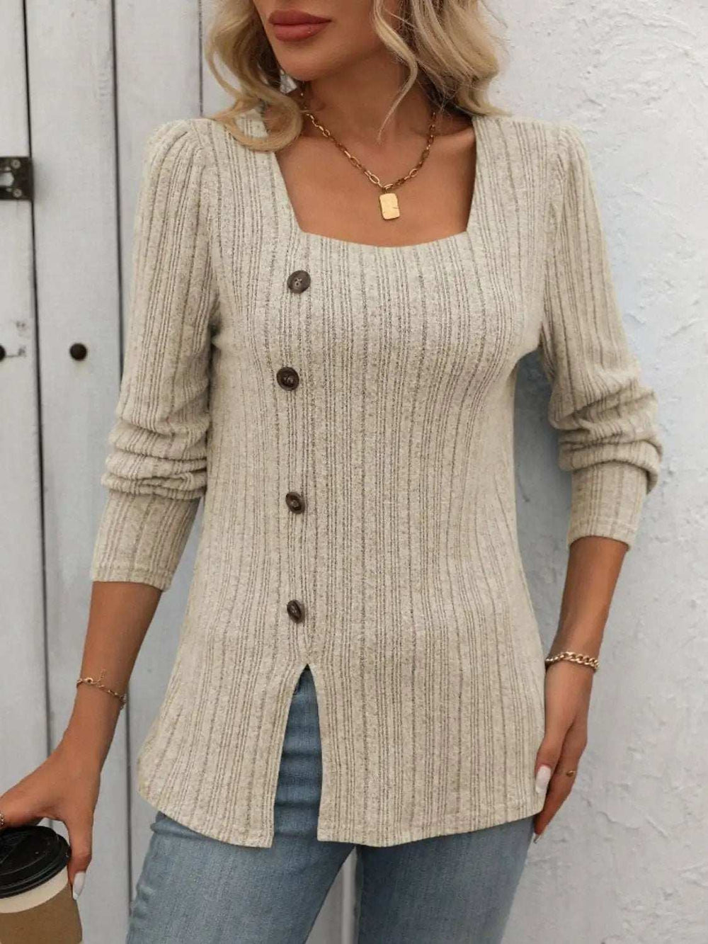 Decorative Button Striped Square Neck Long Sleeve T-Shirt - Trendsi - Flyclothing LLC