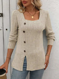 Decorative Button Striped Square Neck Long Sleeve T-Shirt - Trendsi - Flyclothing LLC