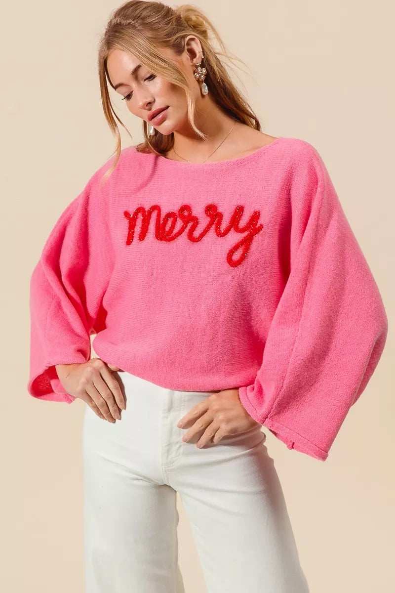 SO ME Merry Tinsel Lettering Christmas Sweater Top - Trendsi - Flyclothing LLC
