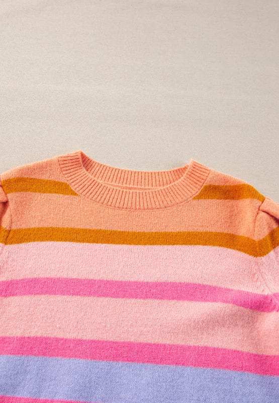 Striped Round Neck Half Sleeve Sweater - Trendsi - Flyclothing LLC