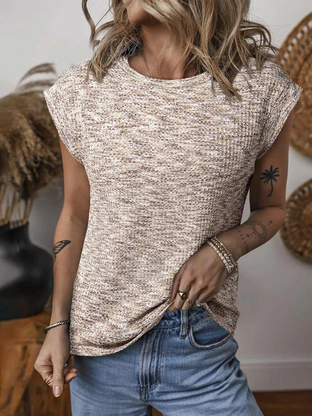 Round Neck Knit Cap Sleeve Top - Trendsi - Flyclothing LLC