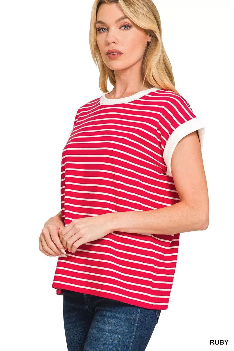 Zenana Full Size Contrast Trim Cap Sleeve Stripe Tee Plus Size - Trendsi - Flyclothing LLC
