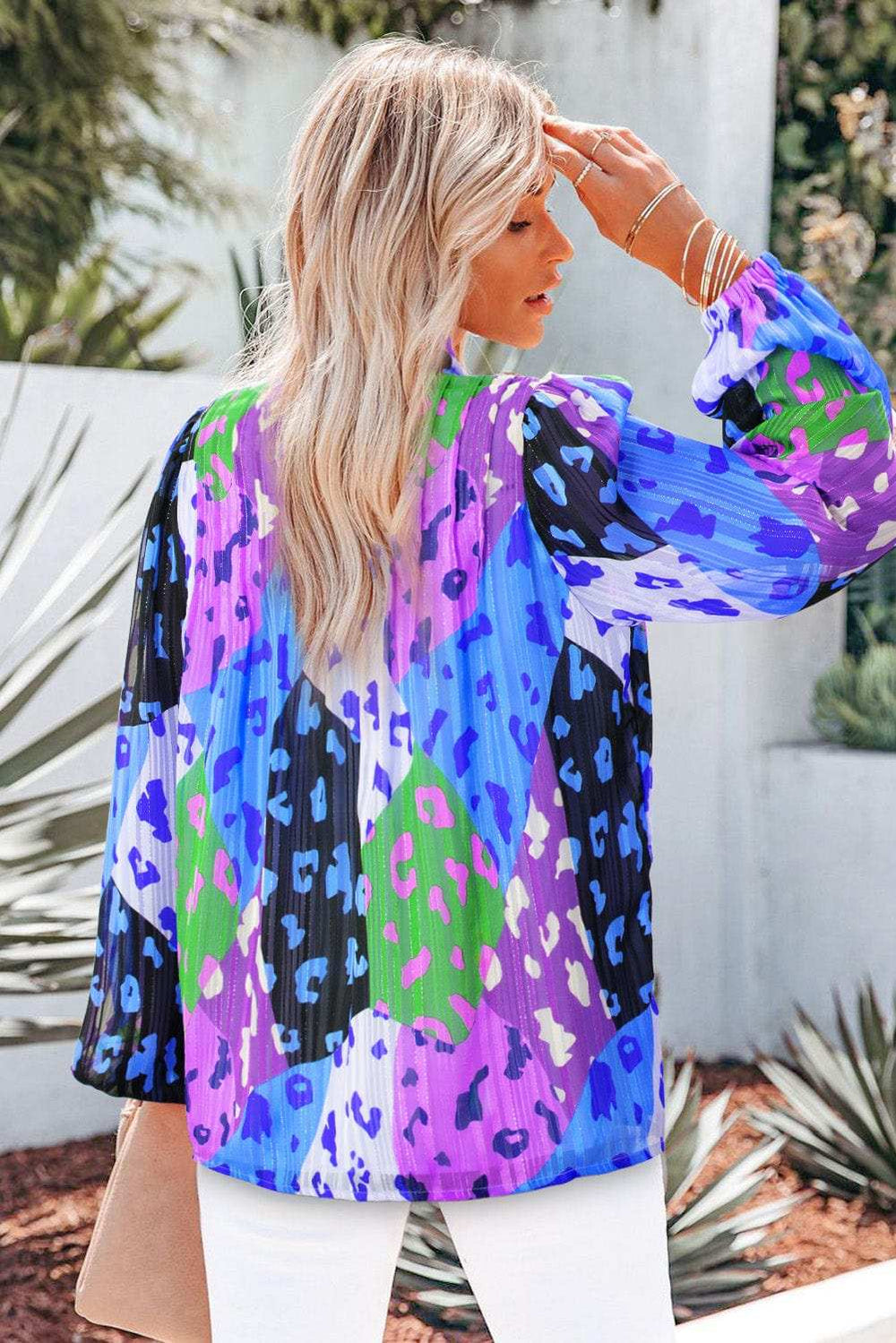 Printed Notched Long Sleeve Blouse - Trendsi - Flyclothing LLC