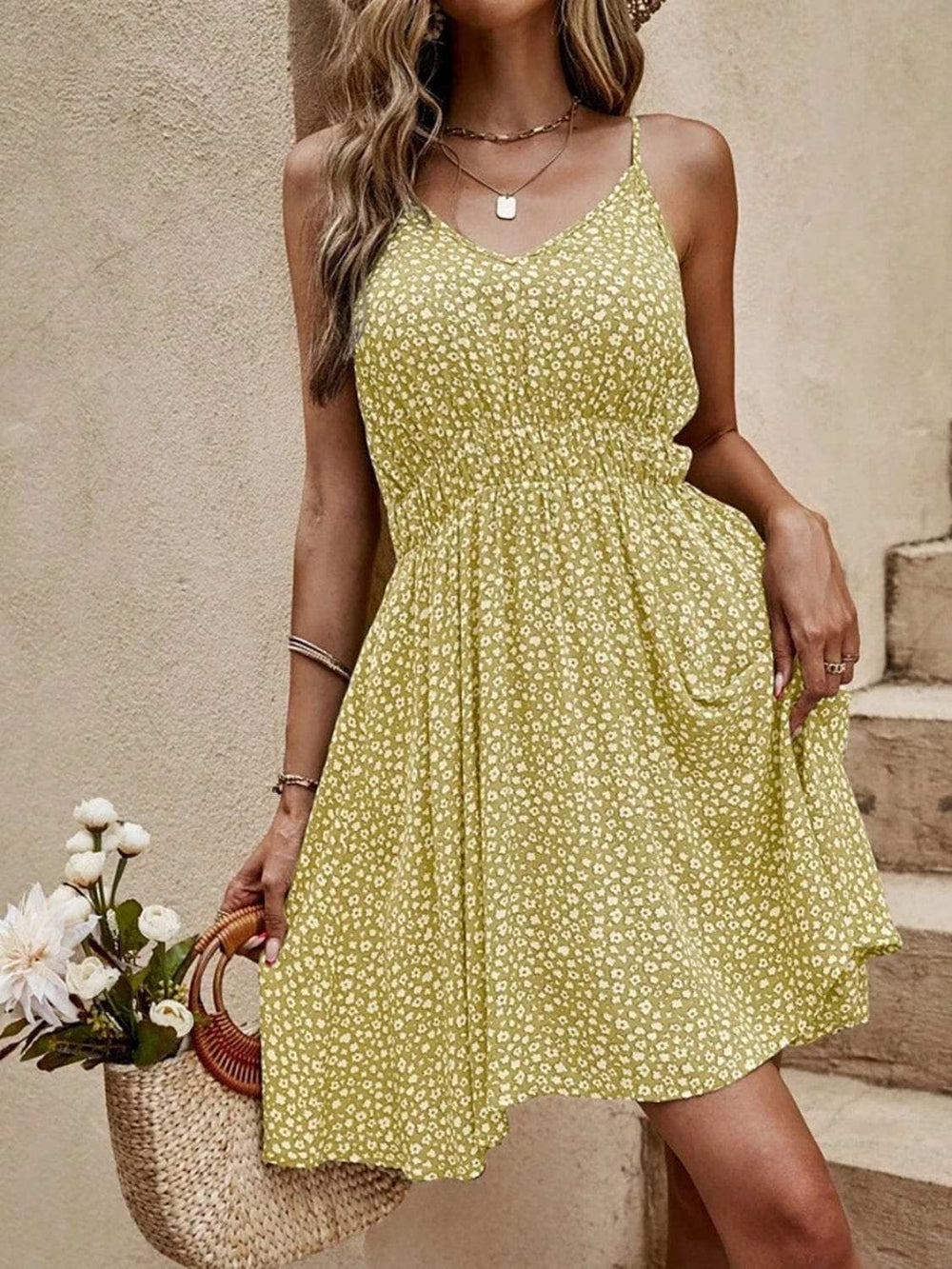 Floral V-Neck Mini Cami Dress - Trendsi - Flyclothing LLC
