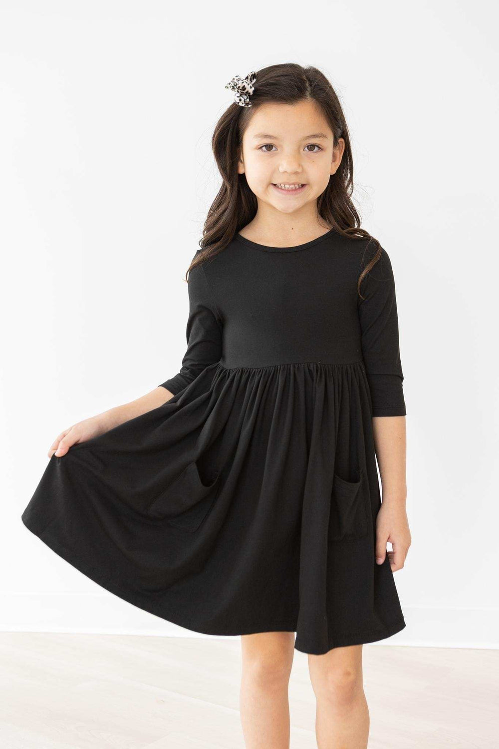 Black 3/4 Sleeve Pocket Twirl Dress - Mila & Rose ® - Flyclothing LLC