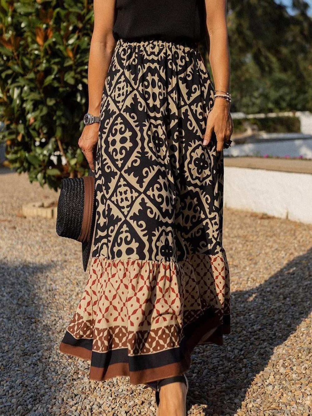 Geometric Elastic Waist Maxi Skirt - Trendsi - Flyclothing LLC