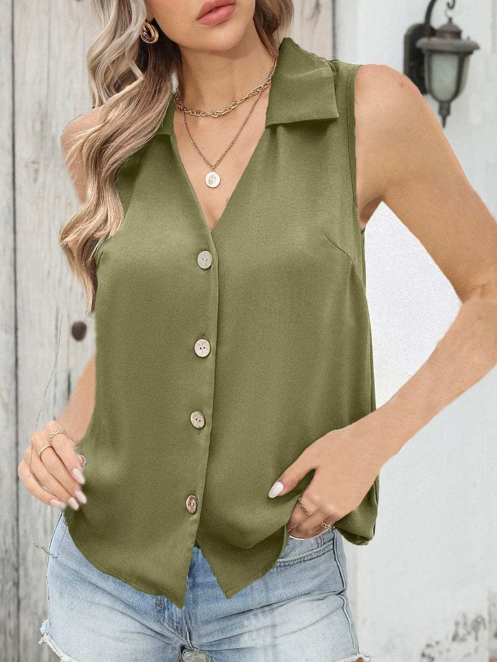 Johnny Collared Button Up Sleeveless Top - Trendsi - Flyclothing LLC