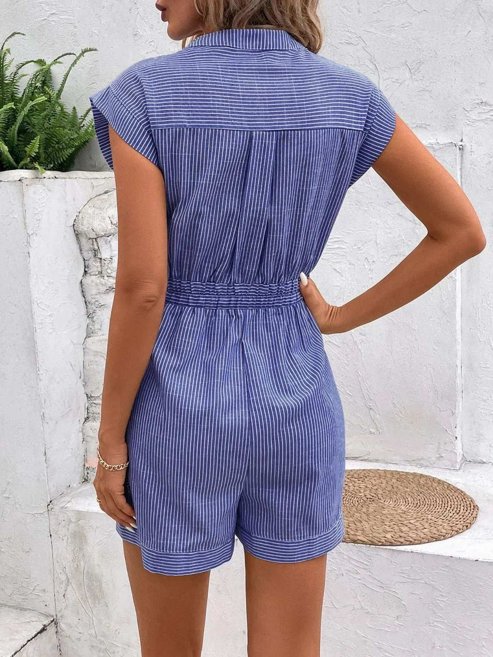 Striped Notched Tie Waist Romper - Trendsi - Flyclothing LLC