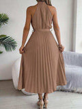 Grecian Neck Tie Waist Pleated Dress - Trendsi - Flyclothing LLC