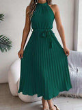 Grecian Neck Tie Waist Pleated Dress - Trendsi - Flyclothing LLC