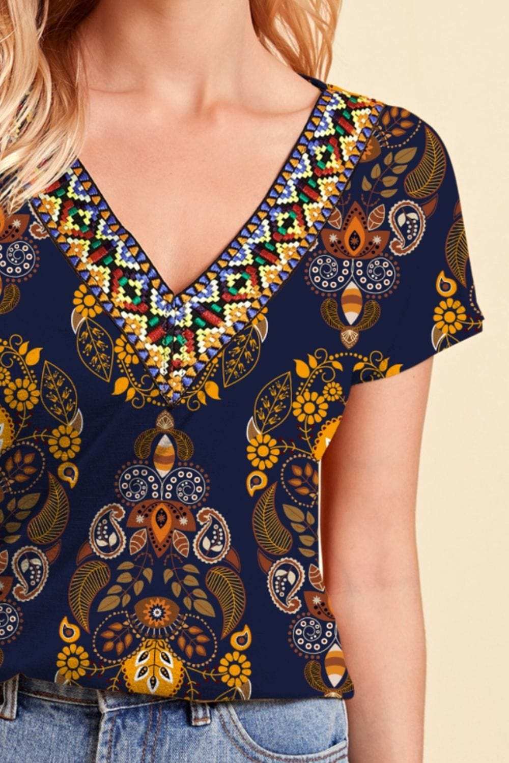 Printed V-Neck Short Sleeve T-Shirt - Trendsi - Flyclothing LLC