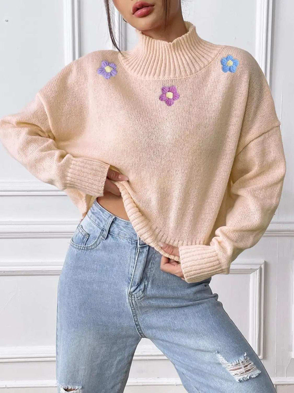 Flower Turtleneck Long Sleeve Sweater - Trendsi - Flyclothing LLC