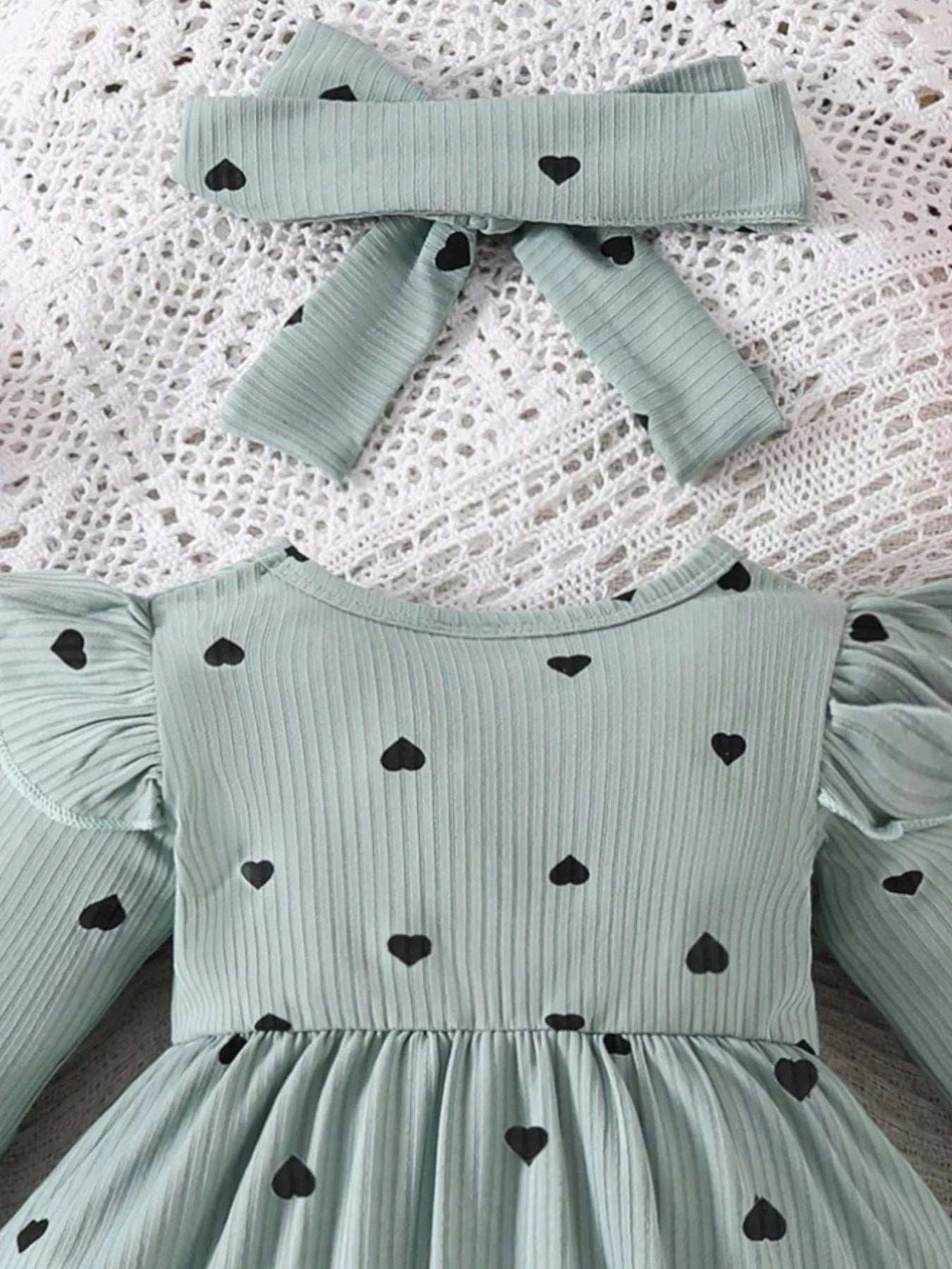 Children's Heart Print Ruffle Trim Bodysuit Dress with Headband - Trendsi - Flyclothing LLC